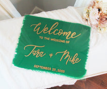 Load image into Gallery viewer, Green and gold acrylic welcome sign by Perryhill Rustics
