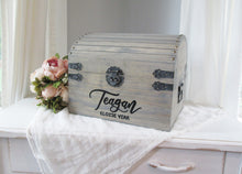 Load image into Gallery viewer, weathered grey with black, hand painted keepsake chest for graduate by Perryhill Rustics
