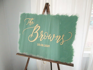 Sage green and gold personalized acrylic wedding welcome sign by Perryhill Rustics
