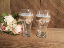 Load image into Gallery viewer, Rustic personalized beer pints with jute twine and lace by Perryhill Rustics
