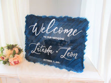 Load image into Gallery viewer, Navy blue wedding decor- brush stroke watercolor painted back acrylic wedding sign by Perryhill Rustics
