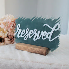 Load image into Gallery viewer, Blue and white hand painted acrylic reserved seating sign by Perryhill Rustics
