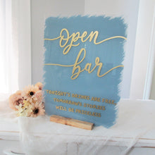 Load image into Gallery viewer, Dusty blue and gold wedding open bar acrylic sign by Perryhill Rustics
