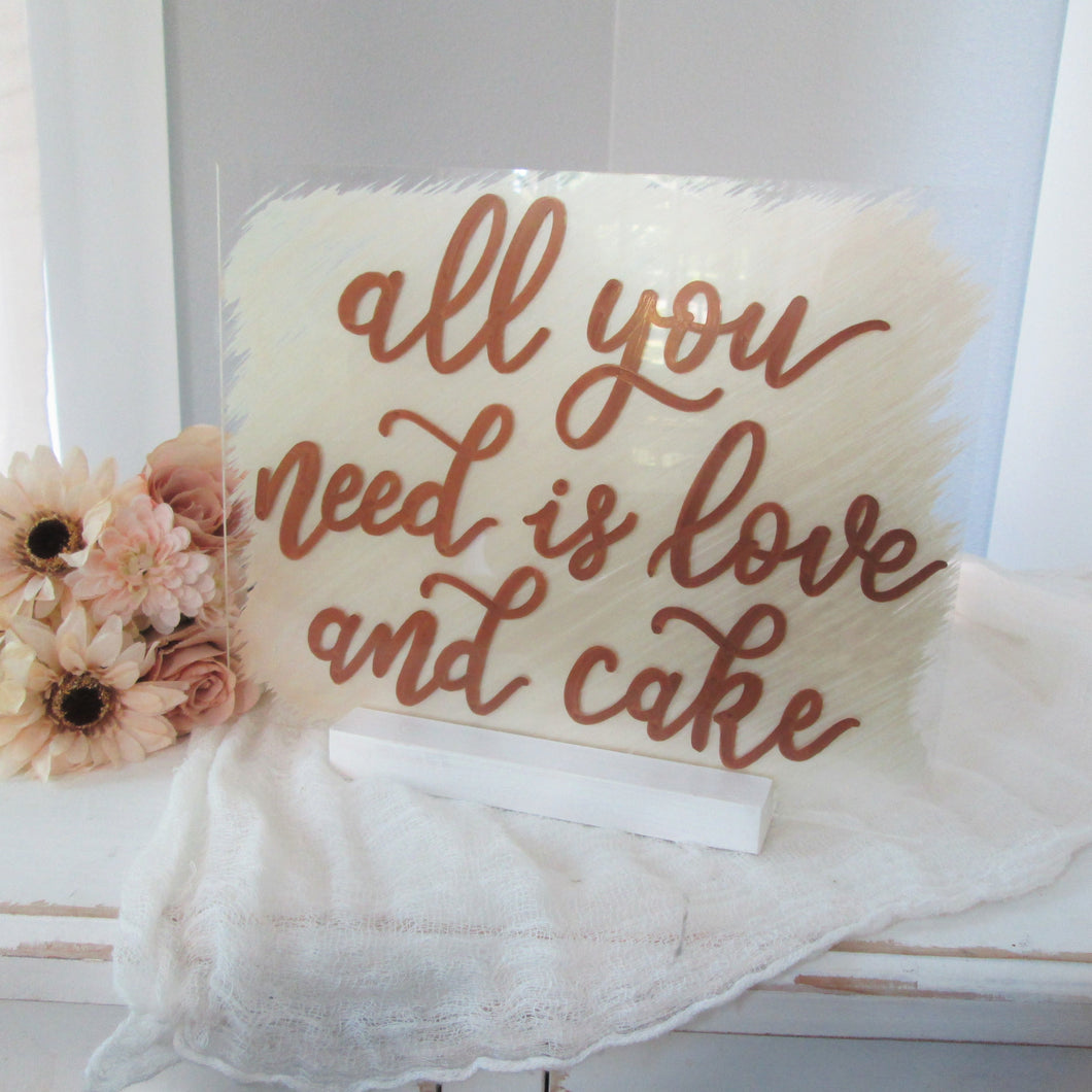 Love and cake hand painted acrylic wedding sign- champagne and rose gold - perryhill rustics