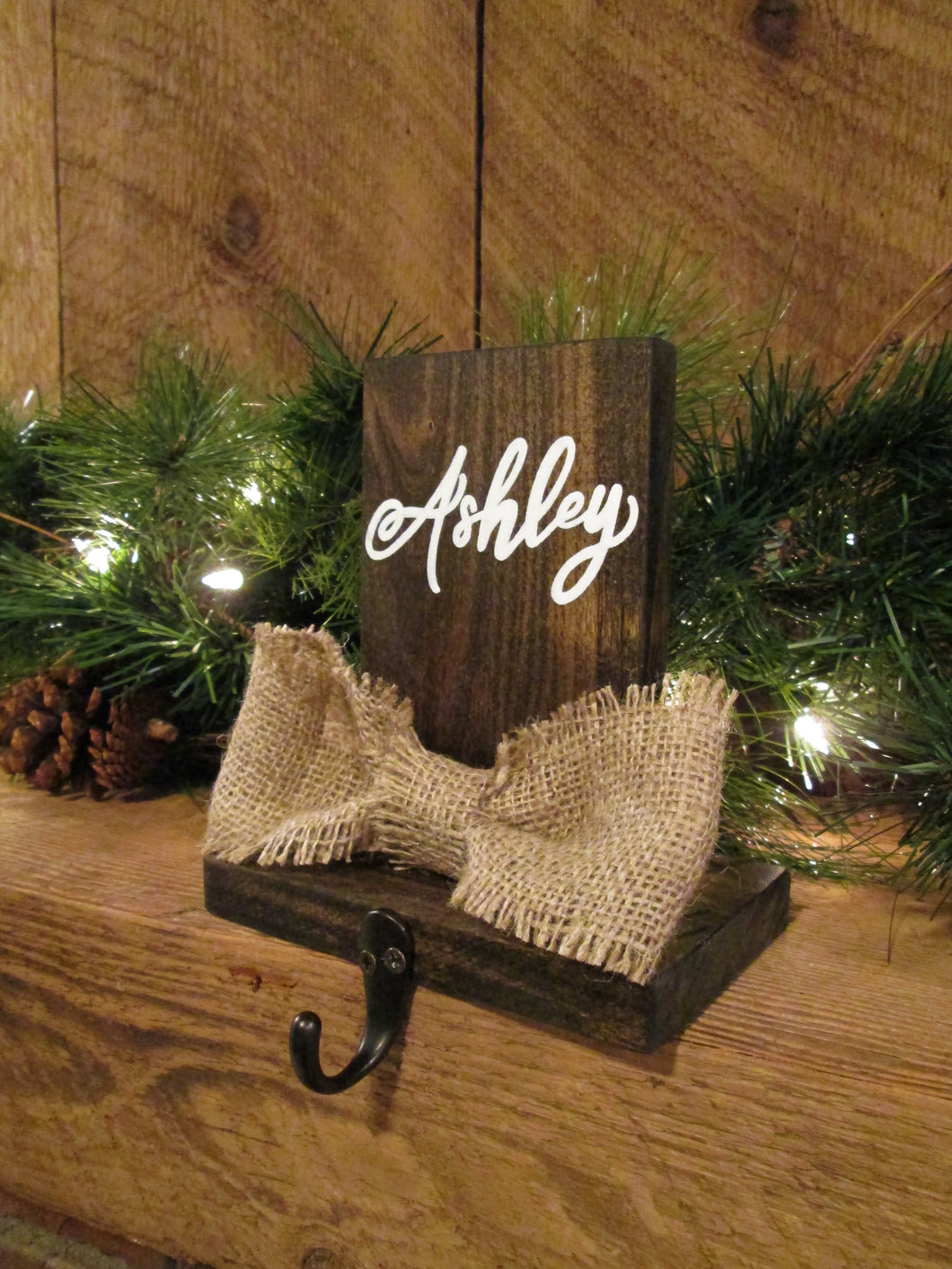 Rustic personalized wooden stocking hanger for shelf or mantel by Perryhill Rustics