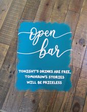 Load image into Gallery viewer, Turquoise open bar hand painted wedding reception party decor sign by Perryhill Rustics
