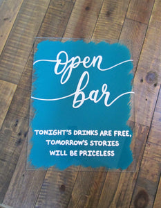 Turquoise open bar hand painted wedding reception party decor sign by Perryhill Rustics