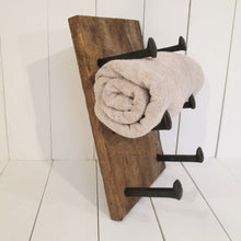 Load image into Gallery viewer, Barnwood and railroad spike towel holder by Perryhill Rustics
