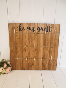 Be our guest large 24x24 seating chart sign with twine and clothespins. Hand painted wedding sign by Perryhill Rustics