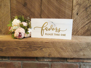 White and gold wedding decor, wooden favors sign by Perryhill Rustics