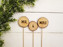 Load image into Gallery viewer, Perryhill Rustics Mr &amp; Mrs natural wood log slice wood cake, cupcake or pie topper. Handmade to order!
