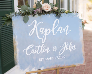 Personalized acrylic wedding welcome sign. Dusty blue and white wedding decor