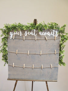 Weathered grey your seat awaits. Hand painted plywood seating chart sign. Beach themed wedding decor.
