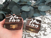 Load image into Gallery viewer, His and hers ring boxes with date in Red Mahogany stain by Perryhill Rustics
