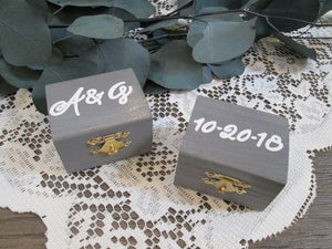 Weathered grey wedding ring boxes with initials and date by Perryhill Rustics. Perfect beach themed wedding decor!