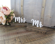 Load image into Gallery viewer, Small Mr and Mrs Acrylic Sweetheart Table Signs
