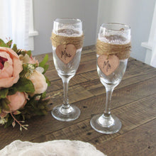 Load image into Gallery viewer, Personalized champagne toasting flutes by Perryhill Rustics
