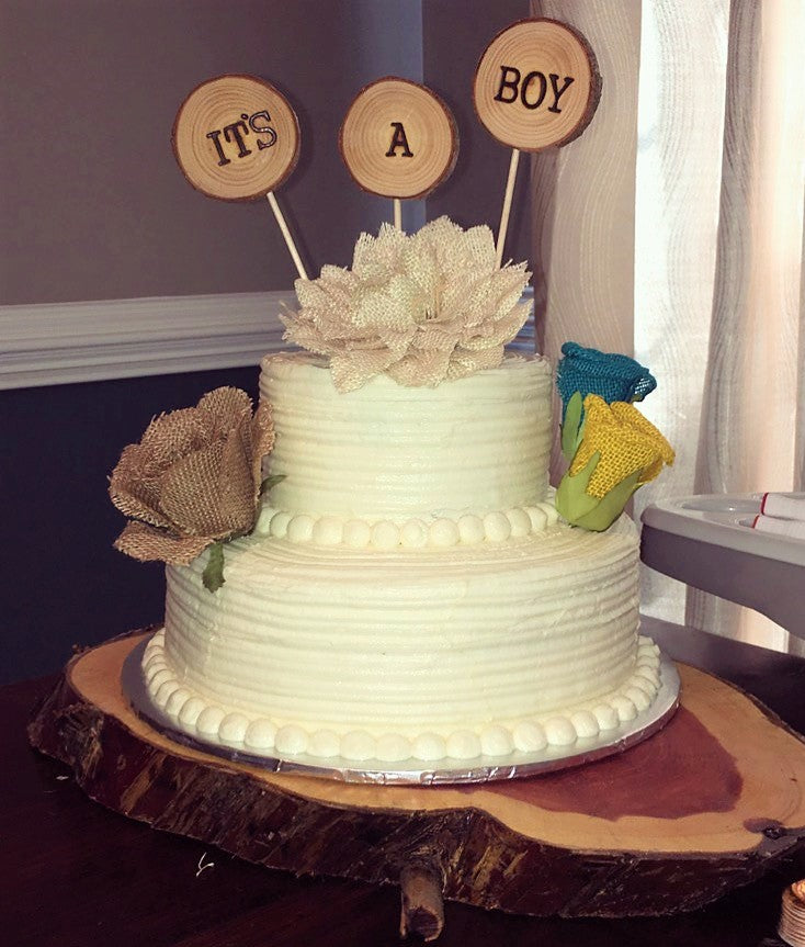 Rustic It's a Boy or Girl Log Slice Cake Topper Set Perryhill