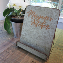 Load image into Gallery viewer, Metal cookbook or tablet stand. Personalized and hand painted to order by Perryhill Rustics
