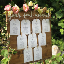 Load image into Gallery viewer, Perryhill Rustics wooden wedding seating chart sign. Hand painted wording, twine and clothespins included!
