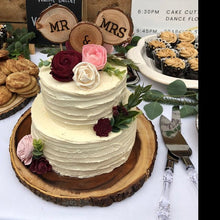 Load image into Gallery viewer, Perryhill Rustics Mr &amp; Mrs natural wood log slice wood cake, cupcake or pie topper. Handmade to order!
