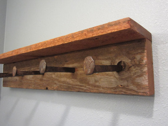 Rustic reclaimed barnwood and railroad spike coat rack by Perryhill Rustics
